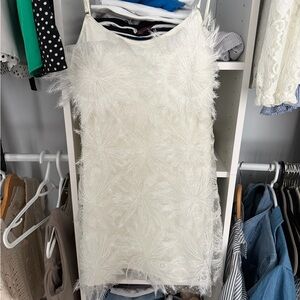 White Feather-Embellished Mini Dress